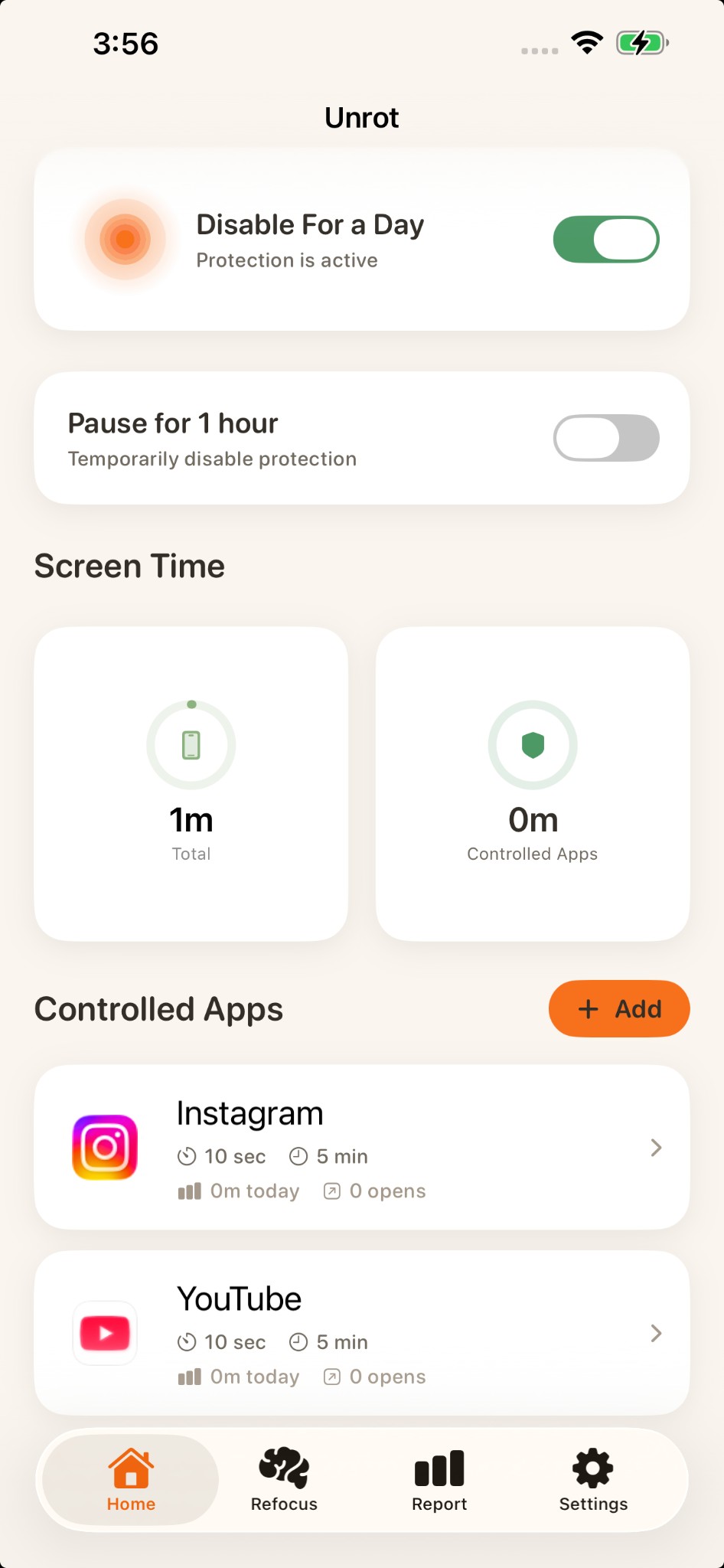 Unrot app showing screen time controls, app management, and protection features